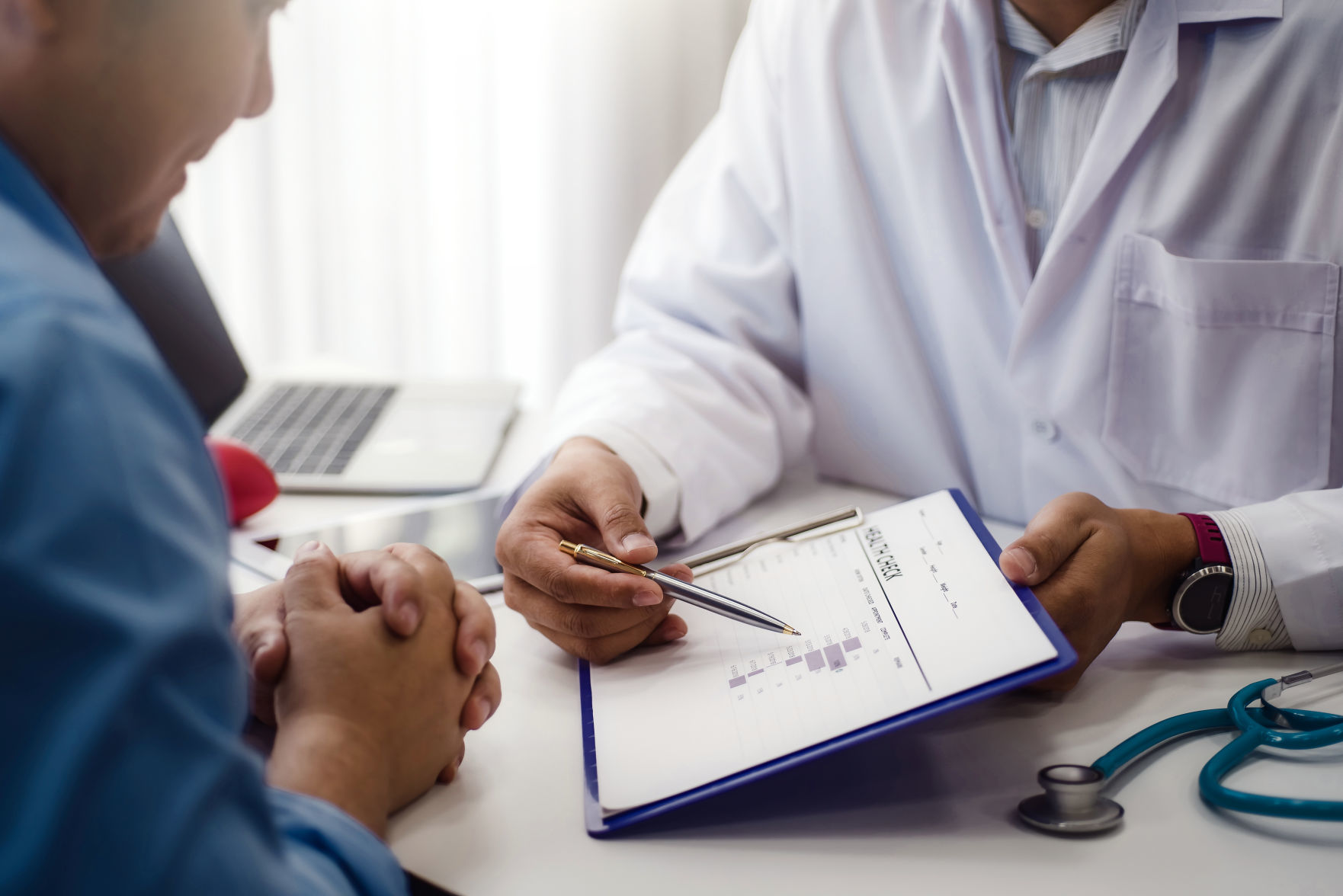 Doctor explain health check document of male patient in medical clinic or hospital mental health. health and doctor concept.